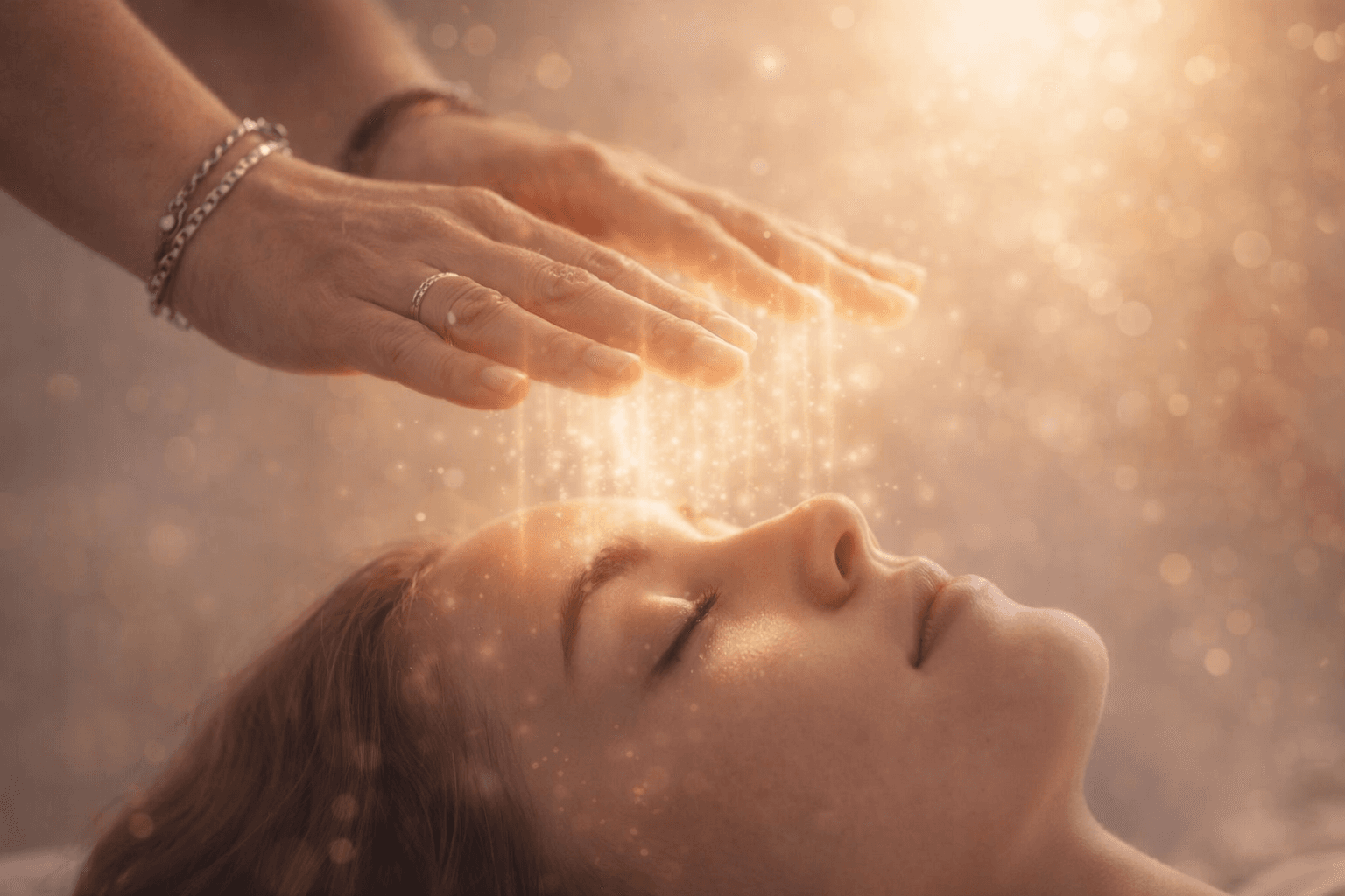 Praticien LaHoChi au-dessus d'une personne allongée, lumière dorée